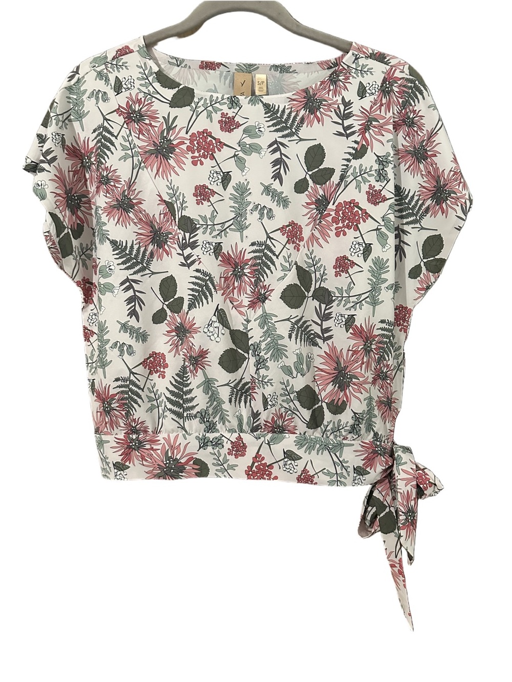 Indyeva Floral Boxy Tie-Hem Short Sleeve Top White with Pink & Green Size Small